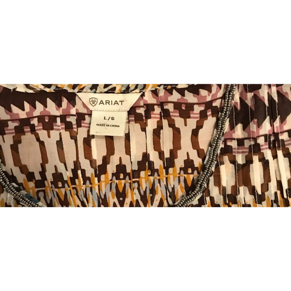 Ariat Aztec Print Sheer V-Neck Blouse with Beaded Neckline - Size Large - Picture 4 of 12